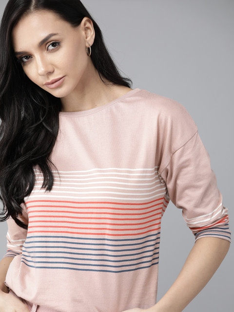 

Roadster Women Dusty Pink & Red Striped Must Have Relaxed T-shirt