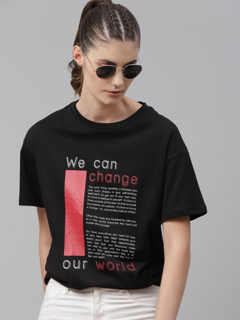 

The Roadster Lifestyle Co Women Black Typography Printed Drop-Shoulder Sleeves Pure Cotton T-shirt