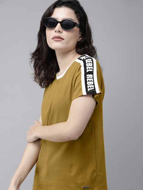 

The Roadster Lifestyle Co Women Mustard Brown Solid Pure Cotton T-shirt
