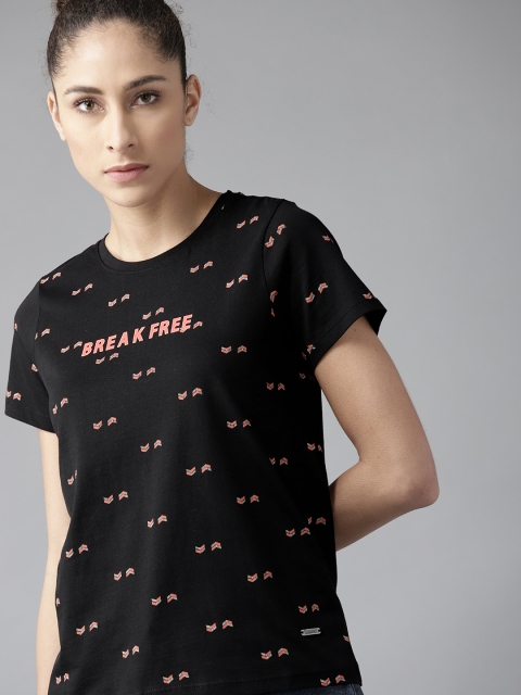 

The Roadster Lifestyle Co Women Black Pink Printed Cotton Pure Cotton T-shirt