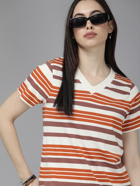 

The Roadster Lifestyle Co Women Beige and Orange Striped V-Neck Pure Cotton T-shirt