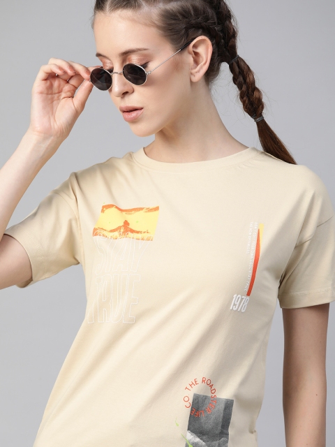 

The Roadster Lifestyle Co Women Beige Orange Typography Printed Pure Cotton T-shirt