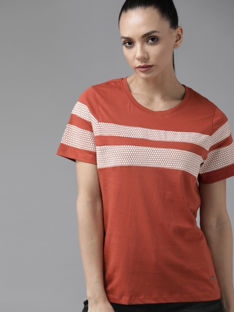 

The Roadster Lifestyle Co Women Rust Orange Beige Striped Pure Cotton T-shirt