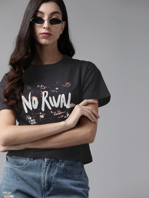 

Roadster Women Charcoal Grey & Off-White Pure Cotton Printed Round Neck T-shirt
