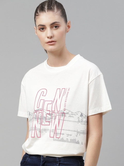 

The Roadster Lifestyle Co Women White Typography Printed Drop-Shoulder Sleeves Pure Cotton T-shirt