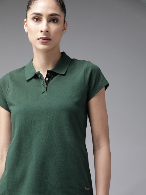 

The Roadster Lifestyle Co Women Green Solid Pure Cotton Polo Collar T-shirt