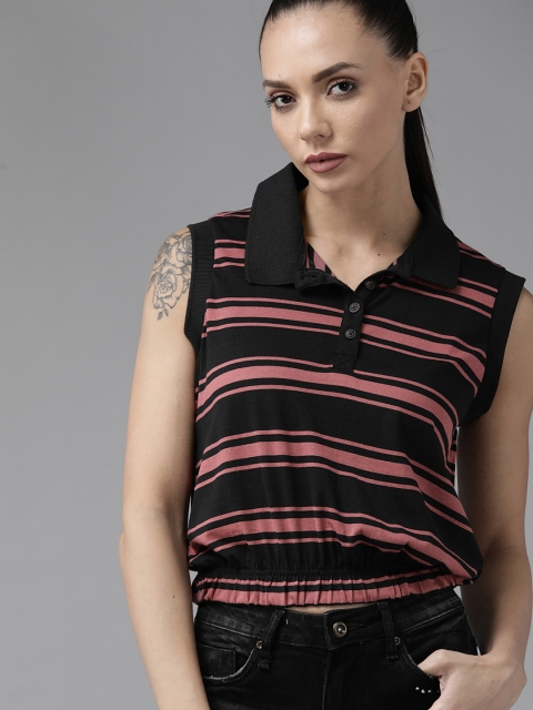 

The Roadster Lifestyle Co Women Black & Mauve Striped Polo Collar T-Shirt