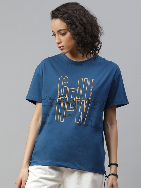 

The Roadster Lifestyle Co Women Navy Blue & Yellow Typography Printed Drop-Shoulder Sleeves T-shirt