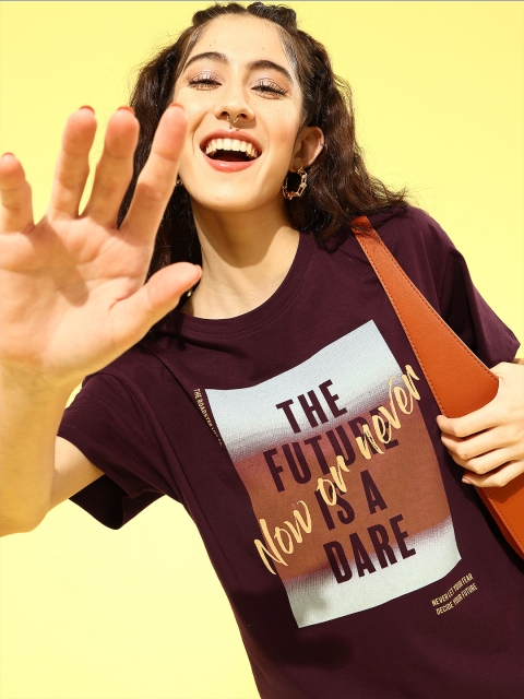 

Roadster Women Deep Burgundy Typography New Age Tshirt