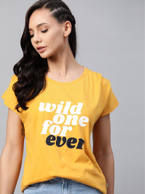 

The Roadster Lifestyle Co Women Mustard Yellow Typography Printed Extended Sleeves T-shirt