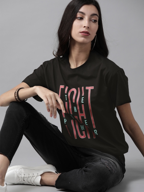 

Roadster Women Black Printed Round Neck T-shirt