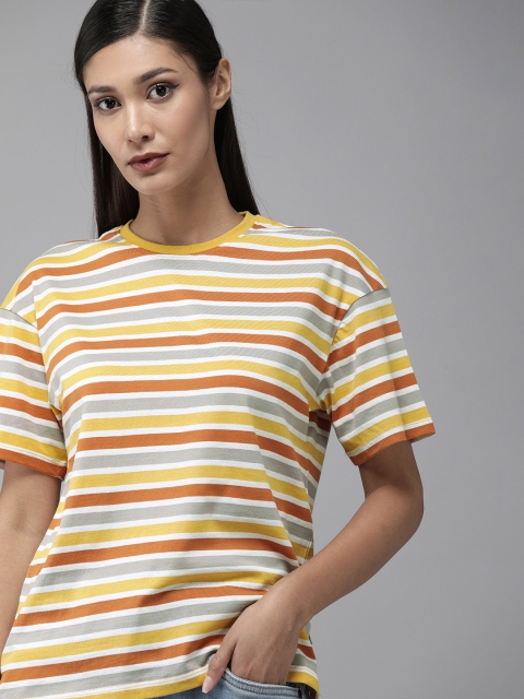 

The Roadster Lifestyle Co Women Yellow & Brown Striped Loose T-shirt