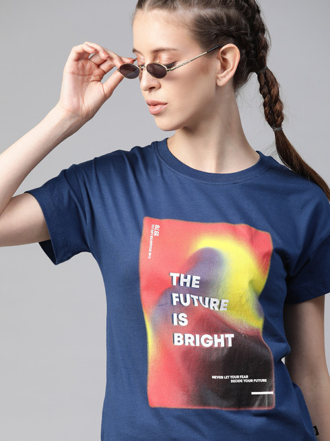 

The Roadster Lifestyle Co Women Navy Blue Red Typography Printed Pure Cotton T-shirt