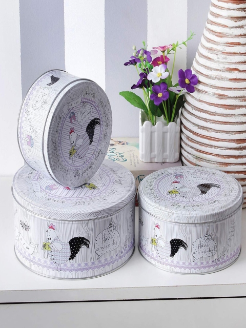

A Vintage Affair- Home Decor Set of 3 White & Black Printed Storage Tins