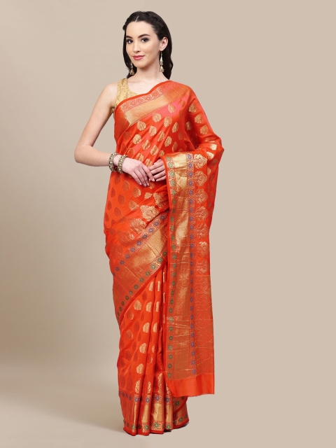 

Chhabra 555 Orange & Gold-Toned Art Silk Woven Design Banarasi Handloom Saree