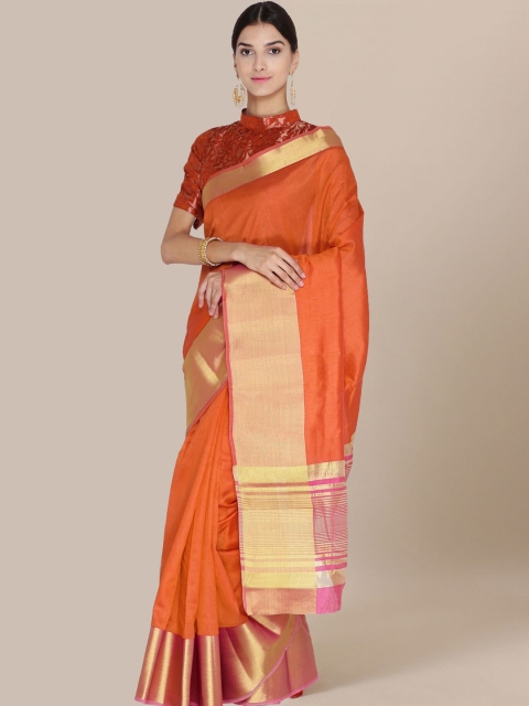

Chhabra 555 Orange Silk Blend Solid Banarasi Saree
