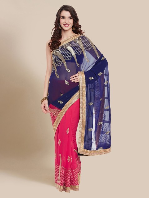 

Chhabra 555 Blue & Pink Poly Georgette Embroidered Saree
