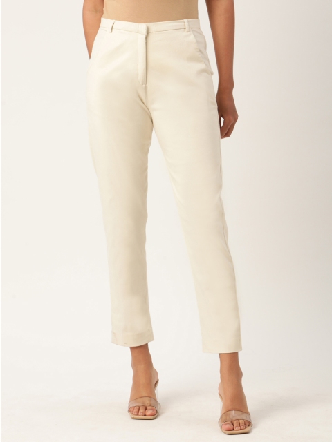 

ROOTED Women Off-White Slim Fit Solid Regular Trousers