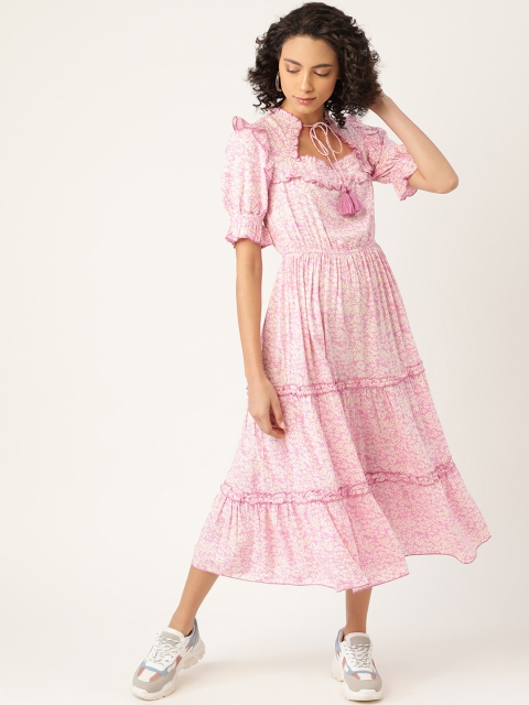 

Antheaa Women Pink & White Printed Cotton Fit & Flare Smocked Tiered Midi Dress