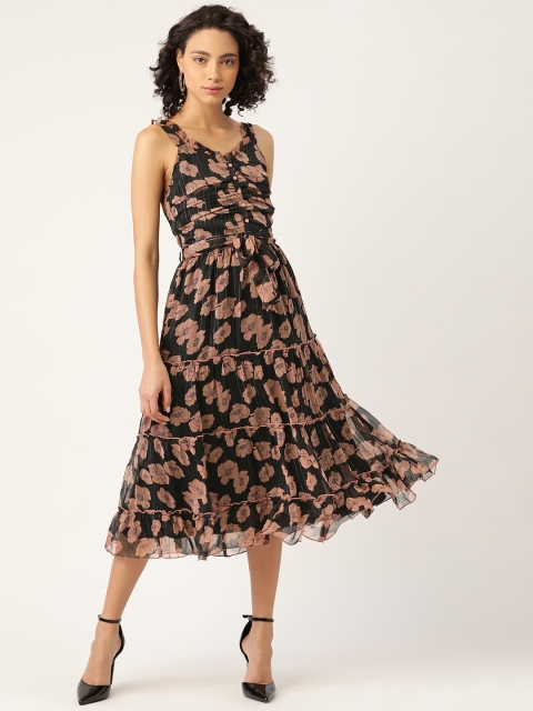 

Antheaa Women Black & Dusty Pink Floral Printed Tiered A-Line Dress With Belt