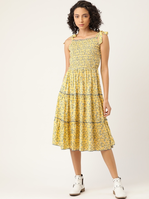 

Antheaa Women Yellow & Blue Smocked Floral Printed Tiered Fit & Flare Dress