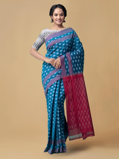 

Unnati Silks Blue Pure Cotton Printed Pochampally Saree