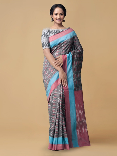 

Unnati Silks Grey & Pink Pure Cotton Woven Design Handcrafted Pochampally Saree