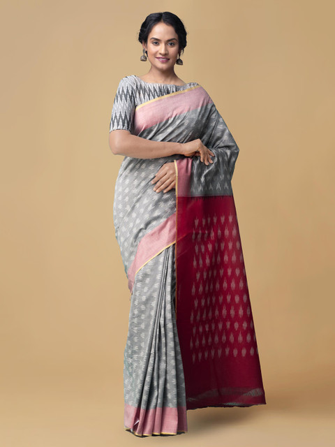 

Unnati Silks Grey Pure Cotton Woven Design Pochampally Saree