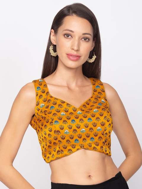 

Salwar Studio Women Mustard Yellow & Blue Embroidered Readymade Saree Blouse