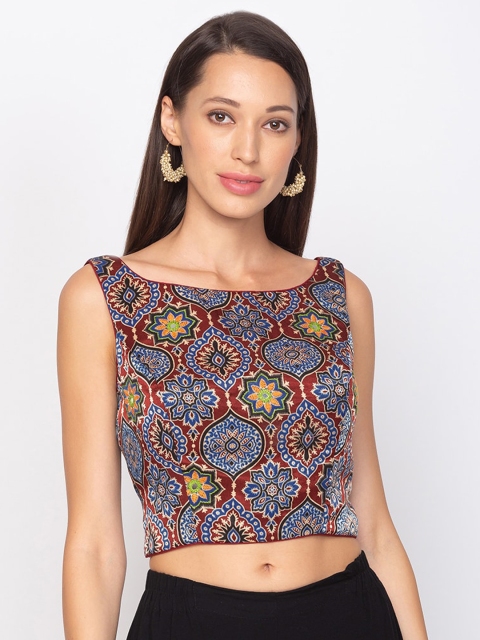 

SALWAR STUDIO Women Maroon & Blue Printed Padded Readymade Saree Blouse