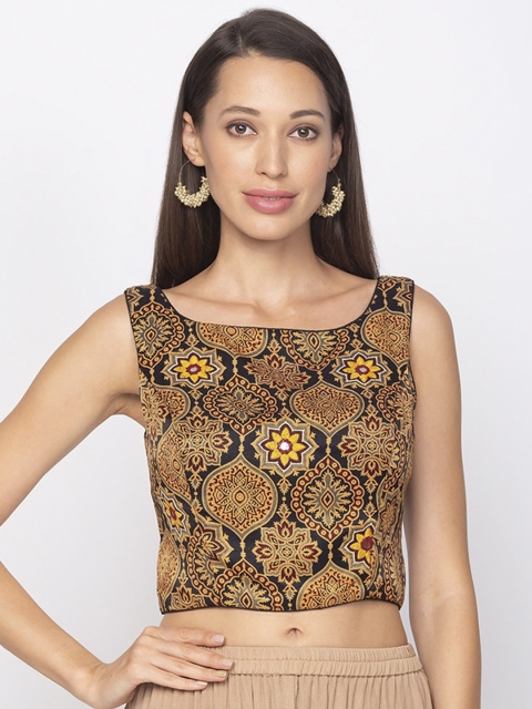 

SALWAR STUDIO Women Black & Mustard Brown Printed Padded Readymade Saree Blouse