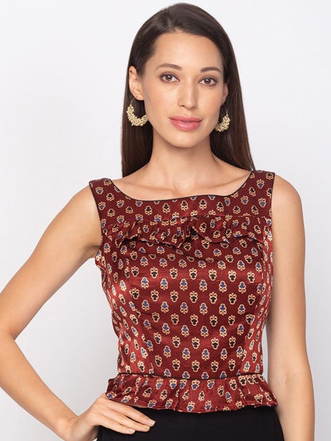 

SALWAR STUDIO Women Maroon & Blue Printed Padded Readymade Saree Blouse
