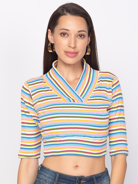 

SALWAR STUDIO Women Blue & White Striped Stretchable Saree Blouse