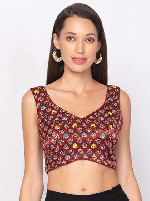 

SALWAR STUDIO Women Maroon & Blue Embroidered Readymade Saree Blouse