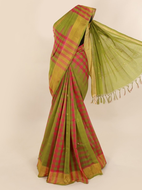 

Pothys Green & Pink Pure Cotton Striped Sustainable Saree with Jhalar Pallu