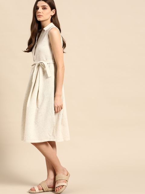 

ether Kora Collection Women White Pure Cotton Self Design Shirt Sustainable Dress