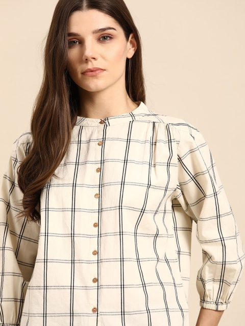 

ether Kora Collection Women Off-White & Black Sustainable Unbleached Fabric Checked Shirt