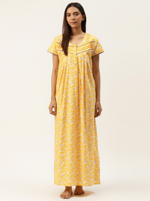 Sweet Dreams Women Yellow & Blue Floral Printed Pure Cotton Maxi Nightdress