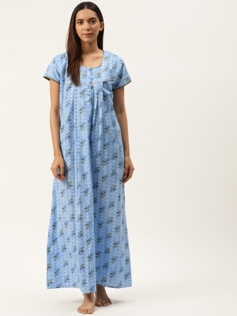 

Sweet Dreams Blue & Green Floral Printed Pure Cotton Nightdress