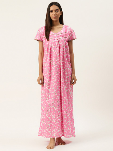 

Sweet Dreams Pink & White Pure Cotton Floral Print Nightdress