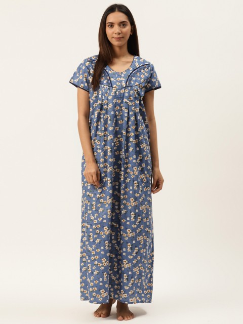 

Sweet Dreams Women Navy Blue & Beige Floral Printed Pure Cotton Maxi Nightdress