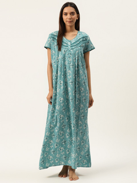 

Sweet Dreams Green & White Floral Printed Nightdress