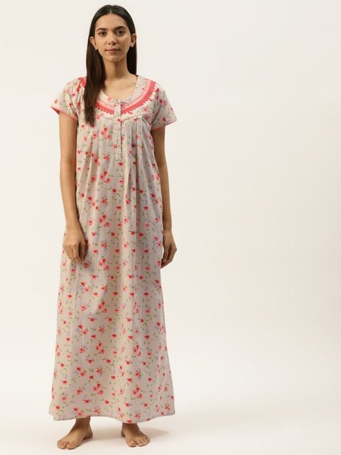 

Sweet Dreams Beige & Peach-Coloured Pure Cotton Floral Printed Maxi Nightdress