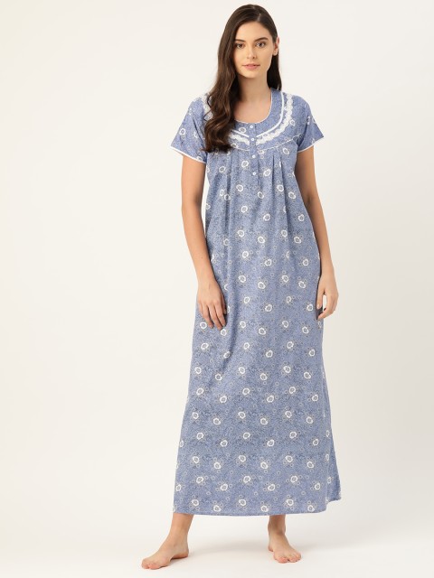 

Sweet Dreams Pure Cotton Blue & White Floral Printed Nightdress