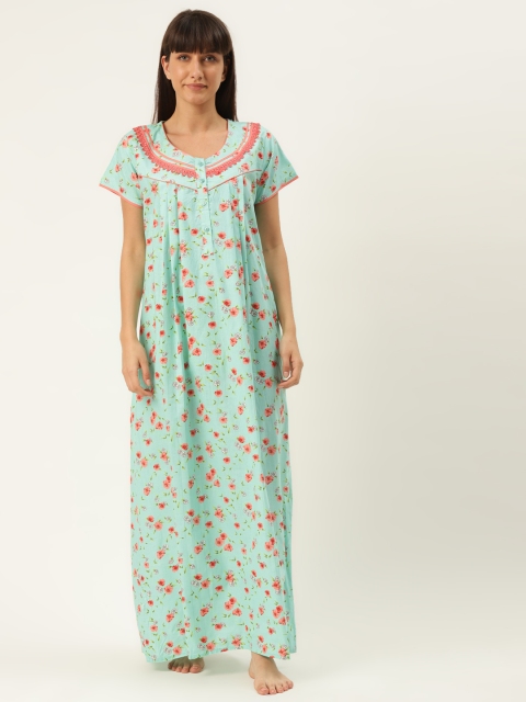 

Sweet Dreams Green & Coral Pink Cotton Maxi Printed Nightdress