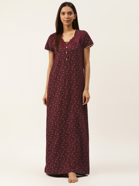 

Sweet Dreams Maroon & Beige Floral Printed Maxi Nightdress With Lace Detail