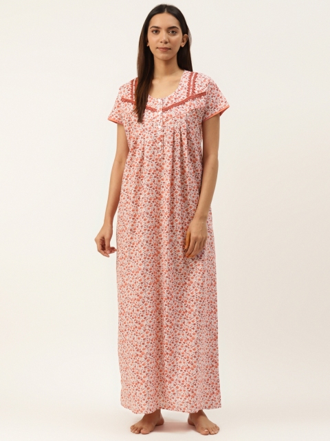 

Sweet Dreams White & Coral Pure Cotton Floral Printed Maxi Nightdress With Lace Detail