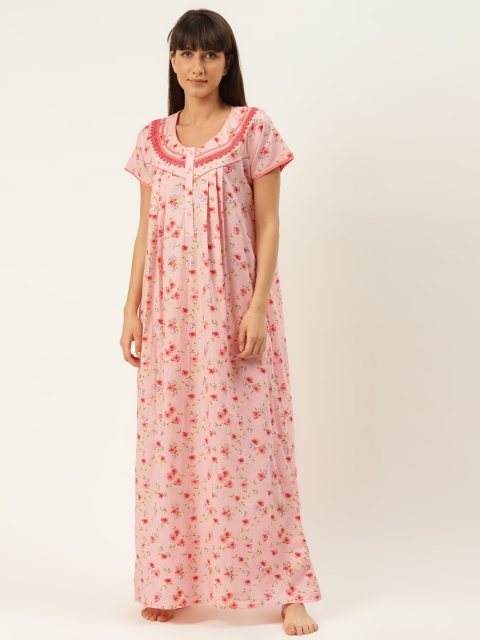 

Sweet Dreams Women Peach-Coloured & Green Pure Cotton Floral Printed Nightdress