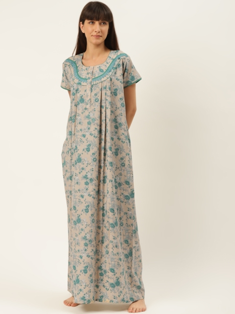 

Sweet Dreams Beige & Green Floral Printed Maxi Nightdress With Lace Detail