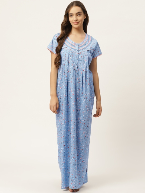 

Sweet Dreams Blue & Peach-Coloured Floral Printed Maxi Nightdress With Lace Detail